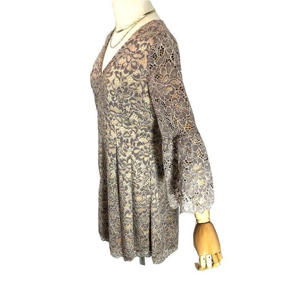 Eliza J Size 6 Dress Lace Fit and Flare Nude Tan Gray Bell Sleeve Dress - Picture 5 of 17
